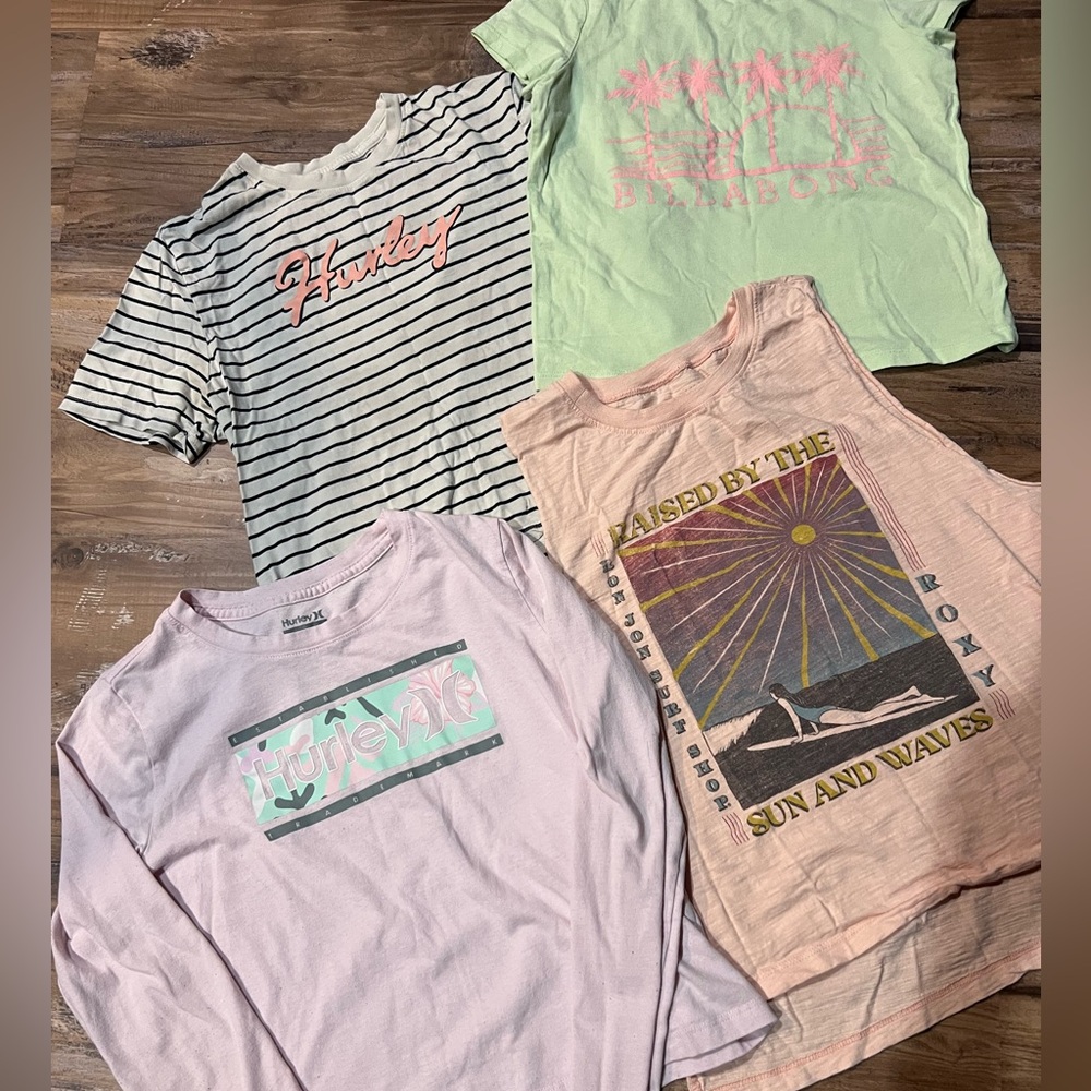 Bundle Roxy, Hurley, Billabong graphic logo girls tops, size xsm & small